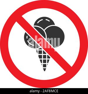 Forbidden sign with ice cream glyph icon. Silhouette symbol. No sweets prohibition. Negative space. Vector isolated illustration Stock Vector