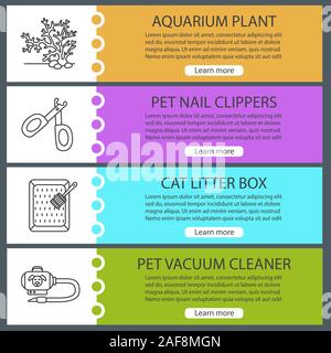 Pets supplies web banner templates set. Aquarium plant, nail clippers, cat litter box, vacuum cleaner. Website color menu items with linear icons. Vec Stock Vector