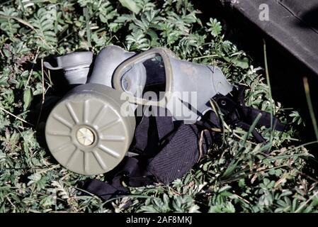 13th August 1993 During the war in Bosnia: a Bosnian-Serb Army (BSA) M1 gas mask on Bjelašnica mountain.