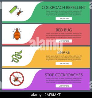 Pest control web banner templates set. Cockroach repellent, bed bug, snake, stop roaches. Website color menu items with linear icons. Vector headers d Stock Vector