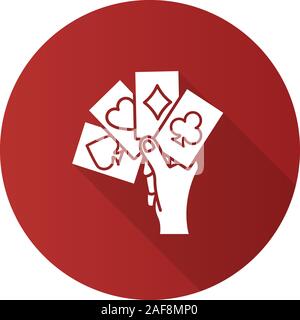 Hand holding four aces flat design long shadow glyph icon. Playing cards. Poker. Kare. Vector silhouette illustration Stock Vector