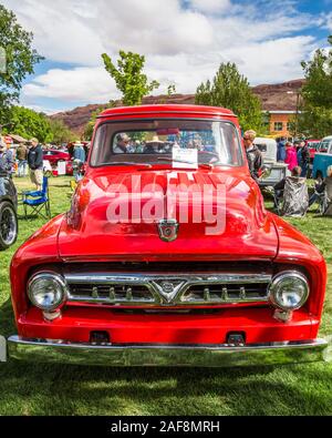 A restored and modified 1953 Ford F-100 Pickup Truck in the Moab April Action Car Show in Moab, Utah. Stock Photo