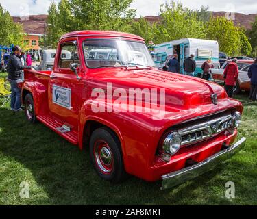 A restored and modified 1953 Ford F-100 Pickup Truck in the Moab April Action Car Show in Moab, Utah. Stock Photo