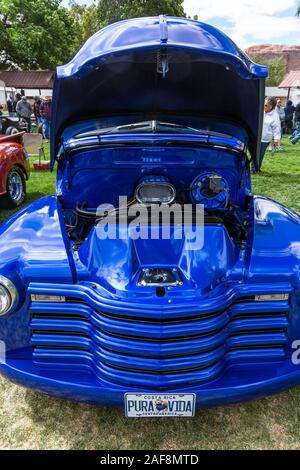 A restored and modified blue 1951 Chevy 3100 Pickup Truck in the Moab April Action Car Show in Moab, Utah. Stock Photo