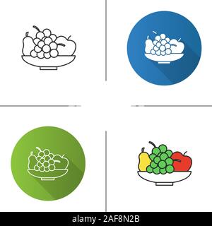 Bowl with fruit icon. Flat design, linear and color styles. Harvest. Pear, apple, bunch of grapes. Still life. Isolated vector illustrations Stock Vector