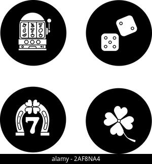 Casino glyph icons set. Dice, lucky seven game, four leaf clover, slot machine. Vector white silhouettes illustrations in black circles Stock Vector