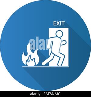 Fire emergency flat design long shadow glyph icon. Exit door with human. Evacuation plan. Vector silhouette illustration Stock Vector