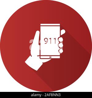 Emergency calling flat design long shadow glyph icon. Hand holding smartphone with 911 number. Vector silhouette illustration Stock Vector