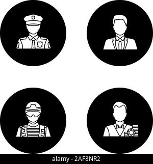 Professions glyph icons set. Occupations. Policeman, soldier, croupier, office worker. Vector white silhouettes illustrations in black circles Stock Vector