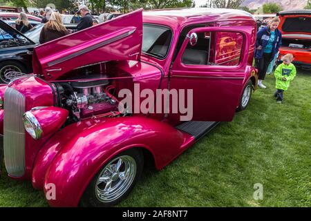 A restored and modified 1937 Plymouth Delivery Van in the Moab April Action Car Show in Moab, Utah. Stock Photo