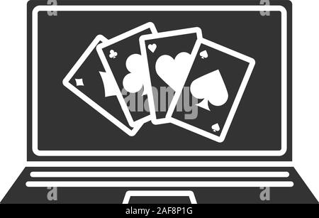 Online casino glyph icon. Laptop display with four aces. Silhouette symbol. Negative space. Vector isolated illustration Stock Vector