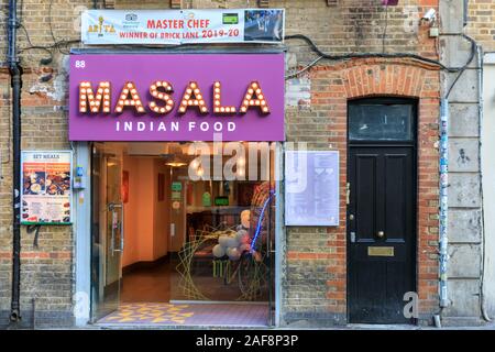 Masala Indian Food Restaurant, Curry House exterior in Brick Lane, Tower Hamlets, East End of London, UK Stock Photo