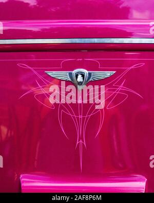 Pinstipe paint detail on a restored and modified 1937 Plymouth Delivery Van in the Moab April Action Car Show in Moab, Utah. Stock Photo