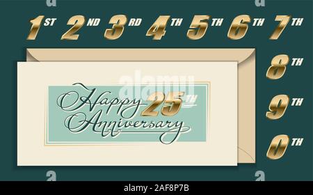 Happy Anniversary envelope, card with gold numbers and calligraphy lettering Stock Vector