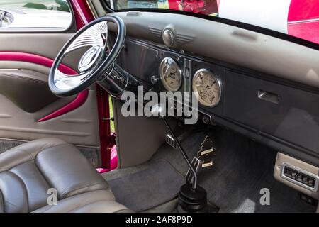 Interior of a restored and modified 1937 Plymouth Delivery Van in the Moab April Action Car Show in Moab, Utah. Stock Photo