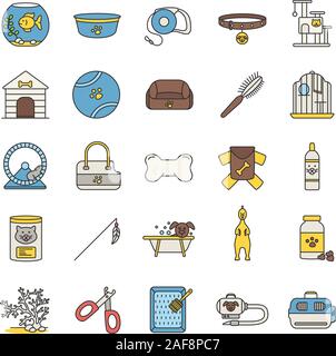 Pets supplies color icons set. Domestic animals goods. Pets food, toys, accessories, houses. Isolated vector illustrations Stock Vector