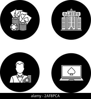 Casino glyph icons set. Croupier, stacks of gambling chips, casino building, online poker. Vector white silhouettes illustrations in black circles Stock Vector