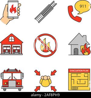 Firefighting color icons set. Emergency call, double extension ladder, fire station with engines, evacuation plan, assembly point, bonfire prohibition Stock Vector