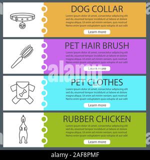 Pets supplies web banner templates set. Dog collar, fur brush, clothes, rubber chicken. Website color menu items with linear icons. Vector headers des Stock Vector