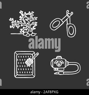 Pets supplies chalk icons set. Aquarium plant, pet nail clippers, cat's litter box, vacuum cleaner. Isolated vector chalkboard illustrations Stock Vector