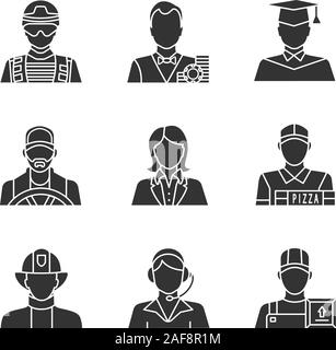 Professions glyph icons set. Occupations. Soldier, croupier, graduate student, driver, office worker, center operator, loader, firefighter, deliveryma Stock Vector