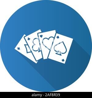 Four aces flat design long shadow glyph icon. Playing cards. Poker. Kare. Vector silhouette illustration Stock Vector