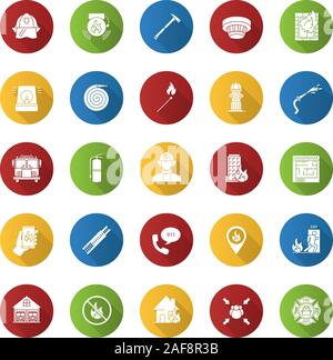 Firefighting flat design long shadow glyph icons set. Fire station equipment. Vector silhouette illustration Stock Vector