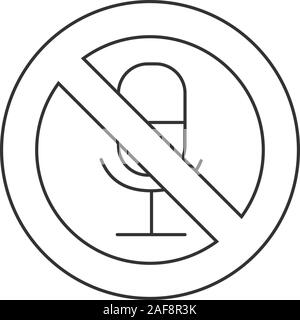 Mute linear icon. Without sound. Thin line illustration. Microphone in prohibition circle. Contour symbol. Vector isolated outline drawing Stock Vector