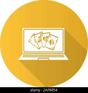 Online casino flat design long shadow glyph icon. Laptop display with four aces. Vector silhouette illustration Stock Vector