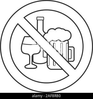 Forbidden sign with alcohol drinks linear icon. Thin line illustration. Wine bottle and beer glass in prohibition circle. Stop contour symbol. Vector Stock Vector