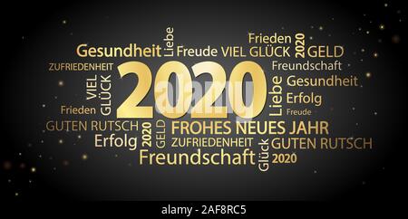 word cloud with new year 2020 greetings colored gold and black background Stock Vector