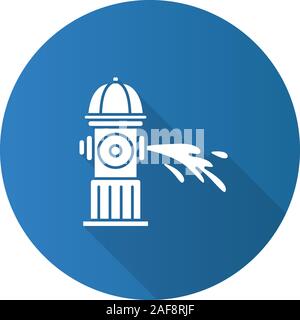 Fire hydrant gushing water flat design long shadow glyph icon.  Fireplug. Vector silhouette illustration Stock Vector