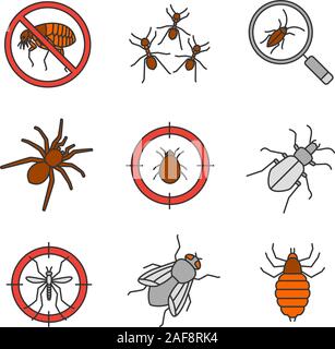 Pest control color icons set. Stop fleas, ants, cockroach searching, spider, mite target, mosquito bait, ground beetle, housefly, bed bug. Isolated ve Stock Vector
