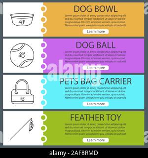 Pets supplies web banner templates set. Dog bowl, toy ball, animal bag carrier, feater on stick. Website color menu items with linear icons. Vector he Stock Vector