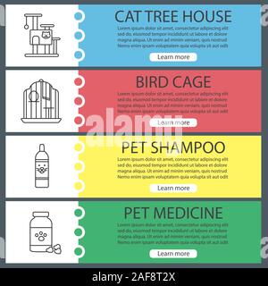 Pets supplies web banner templates set. Cat tree house, bird cage, shampoo bottle, pills. Website color menu items with linear icons. Vector headers d Stock Vector