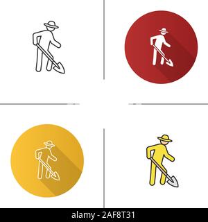 Farmer working with shovel icon. Flat design, linear and color styles. Agricultural worker. Isolated vector illustrations Stock Vector