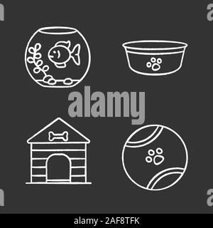 Pets supplies chalk icons set. Aquarium, dog bowl, doghouse, toy ball. Isolated vector chalkboard illustrations Stock Vector