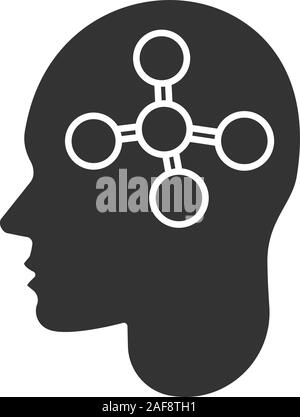 Human head with molecule glyph icon. Chemist, biologist. Chemical engineering. Silhouette symbol. Neurochemistry. Negative space. Vector isolated illu Stock Vector