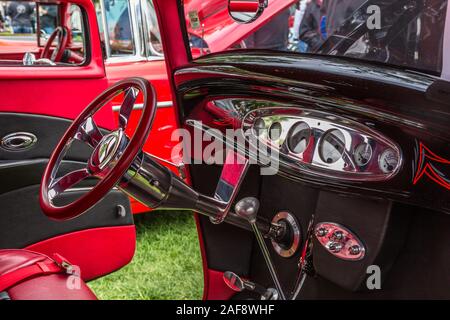 The interior of a restored and modified 1932 Ford Deuce Coupe hot rod, built from a Ford Model B in the Moab April Action Car Show in Moab, Utah. Stock Photo