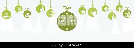hanging baubles colored green with different abstract icons for christmas and winter time concepts, fir tree background and greetings for christmas an Stock Vector