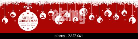 hanging baubles colored white with different abstract icons for christmas and winter time concepts, snow flakes on top side and greetings for christma Stock Vector