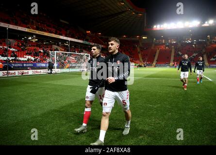 Charlton Athletic's Albie Morgan (left) and Tom Lockyer leave the pitch after the warmup ahead of the Sky Bet Championship match at The Valley, London. Stock Photo