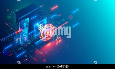 Mobile internet banking abstract conceptual blue background. Digital safe deposit with online access via app on smartphone. Protection Banking card Stock Vector