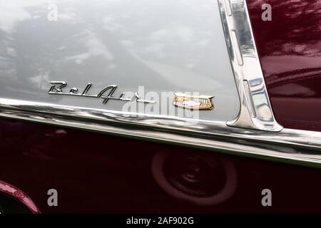 Detail of the Chevrolet Bel Air emblem on a restored stock 1955 Chevy Bel Air 2 door sedan in the Moab April Action Car Show in Moab, Utah. Stock Photo