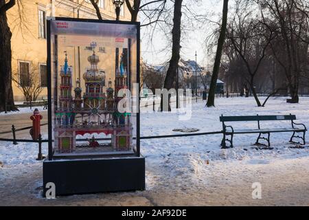 Cracow Nativity Scene in a glass case presented at the Planty Park in Cracow, Poland. December 2017 Stock Photo