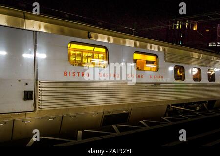 looking into a Bistro wagon in a night train at Lund, Sweden, December 12, 2019 Stock Photo