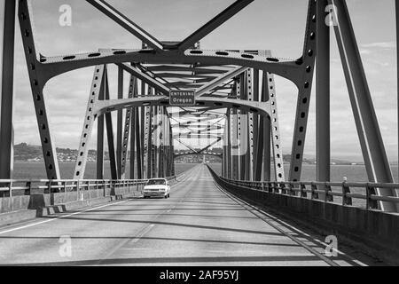 Archival black and white view driving across the Astoria bridge between Washington and Oregon.  Photo taken in May 1992. Stock Photo