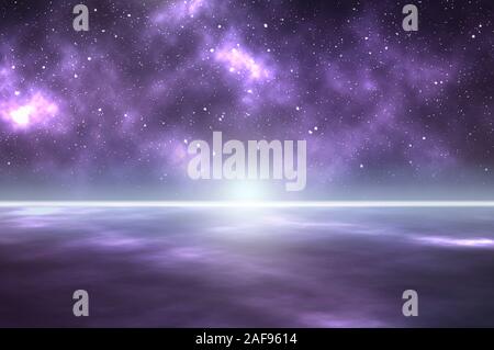 A beautiful mysterious background of the universe and stars with cloud nebula. Looking down on a planet of clouds. With a glowing star on the horizon. Stock Photo
