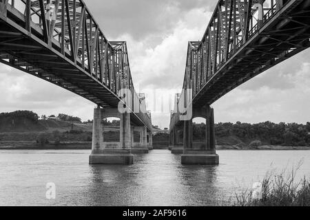 Archival black and white view on the Natchez Mississippi river bridges.  Photo taken in May 1996. Stock Photo