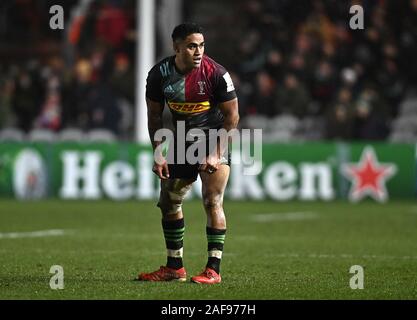 Twickenham, United Kingdom. 13th Dec, 2019. Francis Saili (Harlequins). Harlequins v Ulster Rugby. Pool 3. Heineken Champions cup. Twickenham Stoop. Twickenham. London. UK. Credit Garry Bowden/Sport in Pictures/Alamy Live News. Credit: Sport In Pictures/Alamy Live News Stock Photo